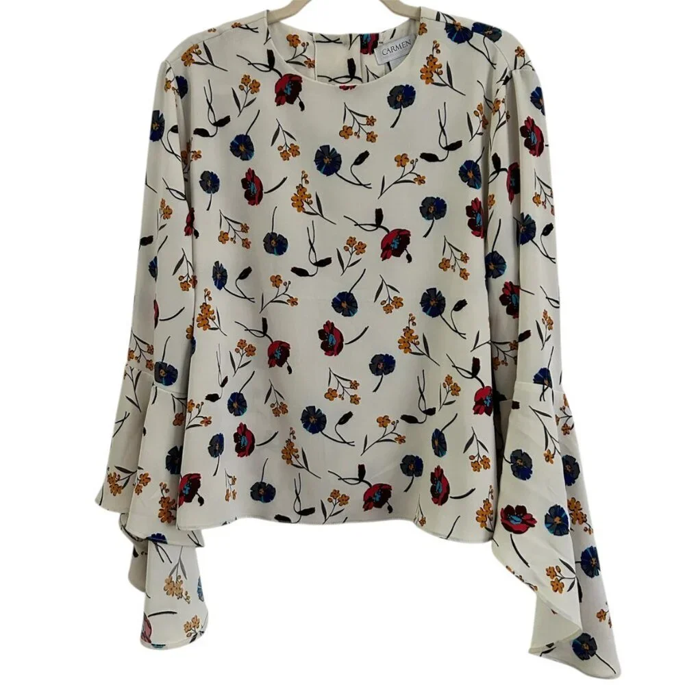 Carmen Marc Valvo Bell Sleeve Bohemian Floral Blouse - Size 14 XL - Picture 8 of 8